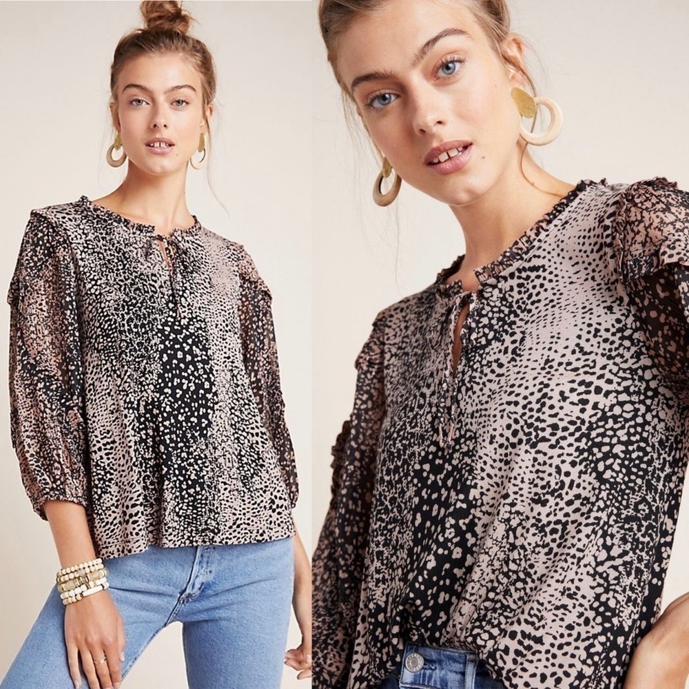 Anthro Maeve Jacquin Peasant Blouse Leopard/Animal print Size XS
